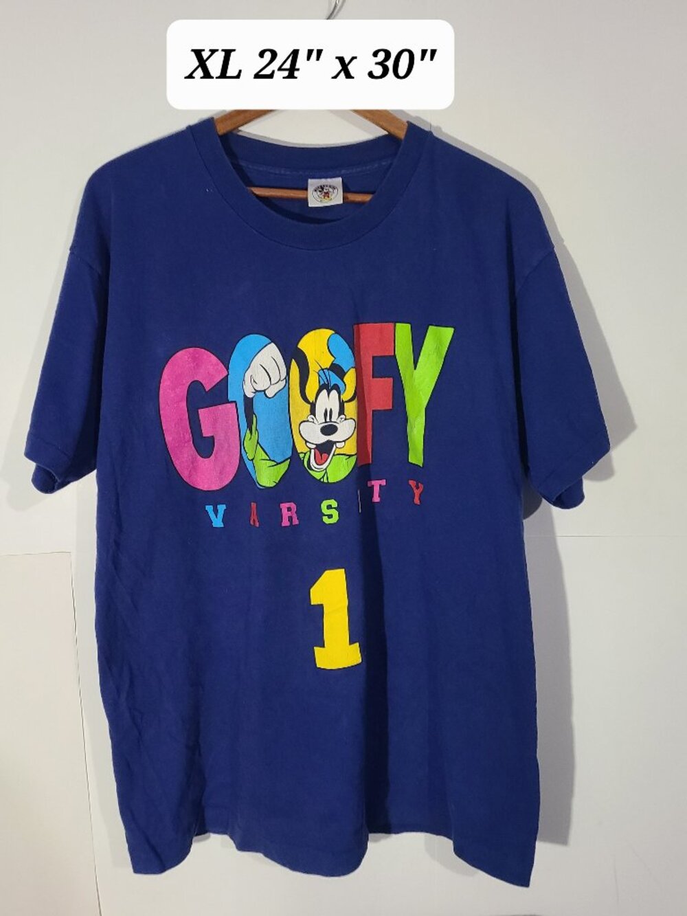 Vintage 90s Disney Mickey & Co Goofy Varsity 1 Blue XL T-Shirt  Single Stitch